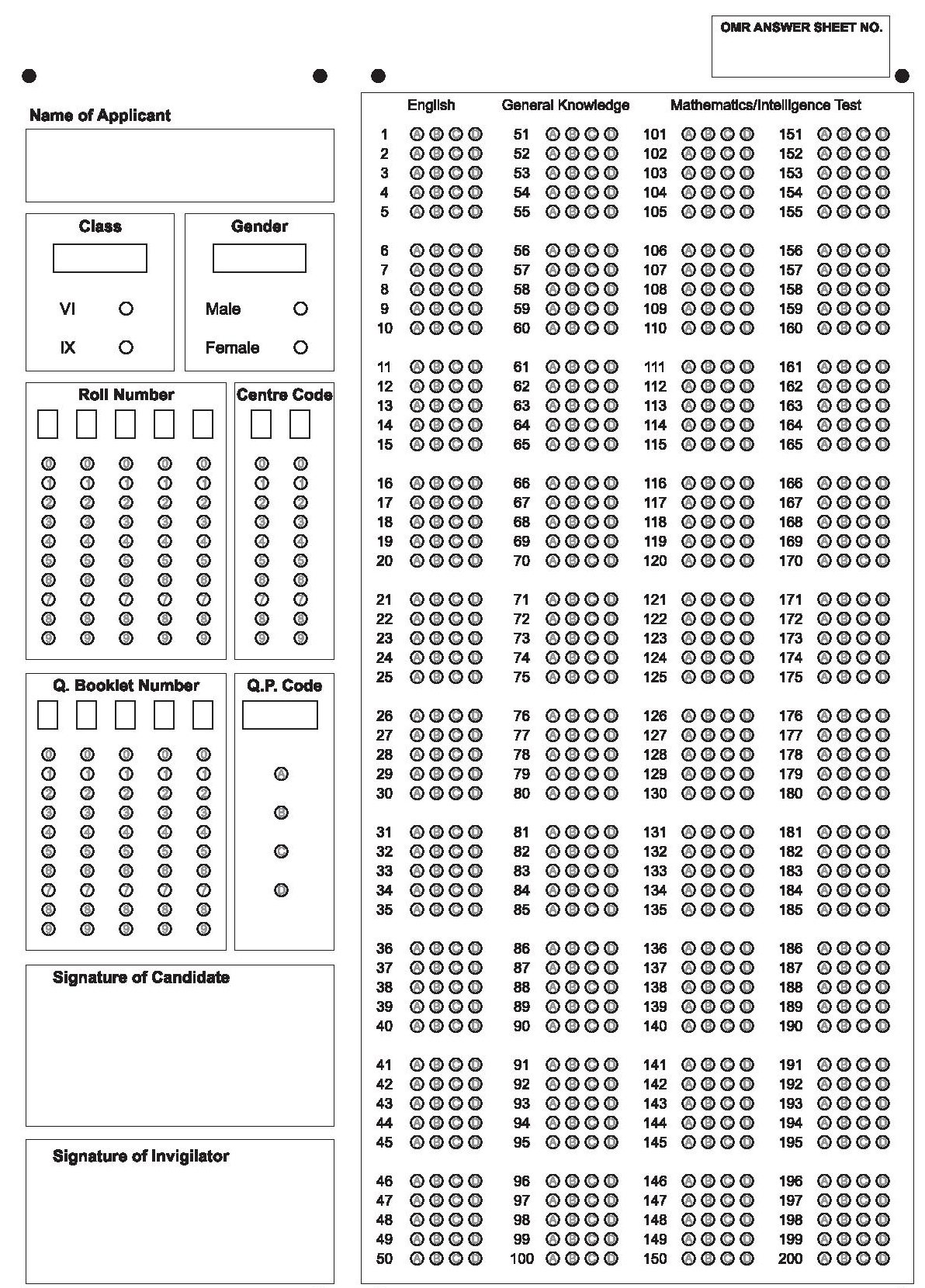 Sample OMR Answer Sheet